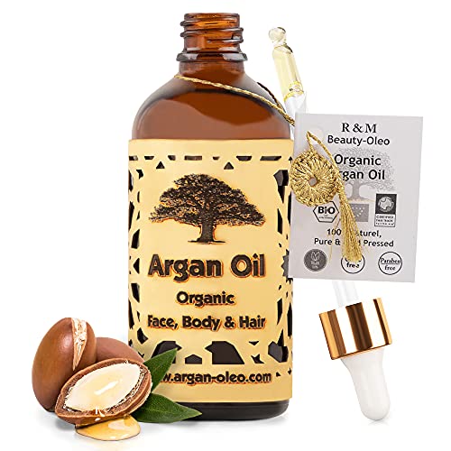 R&M Beauty-Oleo - Aceite de Argán orgánico prensado en frío. Aceite marroquí de comercio justo para masajes, cabello, cara, uñas